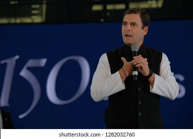 Dubai,UAE-01-11-2019:Rahul Gandhi Addressing The Crowd At The Dubai Cricket Stadium Which Was Packed With Nearly 25000 People.