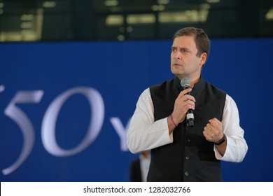 Dubai,UAE-01-11-2019:Rahul Gandhi Addressing The Crowd At The Dubai Cricket Stadium Which Was Packed With Nearly 25000 People.