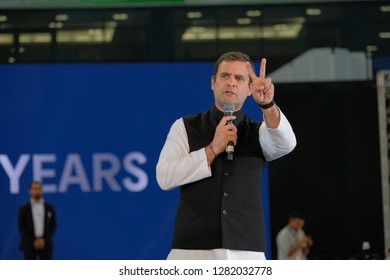 Dubai,UAE-01-11-2019:Rahul Gandhi Addressing The Crowd At The Dubai Cricket Stadium Which Was Packed With Nearly 25000 People.