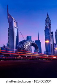 Dubai/United Arab Emirates-9/11/2020 - Museum Of The Future Dubai, New Attraction Of Middle East, Amazing Architecture Design,  Night City View