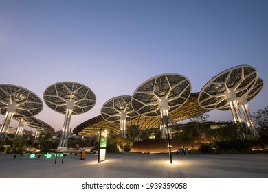 Dubai,United Arab Emirates-March -10-2021: A night view of the Terra- Sustainability Pavilion at the Dubai Expo 2020 site.