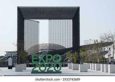 Dubai,United Arab Emirates-March -10-2021:A daytime view of the entrance gate of the Sustainability Pavilion at the Dubai Expo 2020 site.