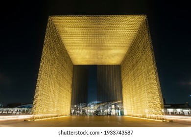 Dubai,United Arab Emirates-March -10-2021:A night view of the entrance gate to the Sustainability Pavilion at the Dubai Expo 2020.
