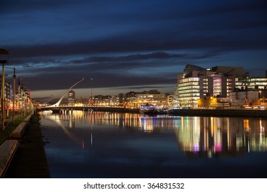 Dublin City Center During Sunset With Samuel Beckett Bridge And River Liffey