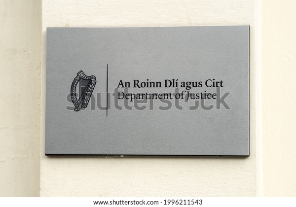 Dublin City,\
Dublin, Ireland, June 11th 2021. Signage at the front of the\
Department of Justice on St Stephens\
Green