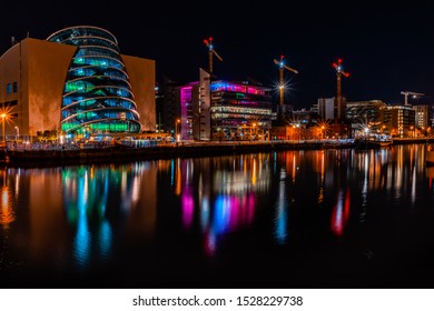 Dublin City  At Night, Lights Reflecting Off The River Liffey.Office Buildings In Dublin Financial District At Night