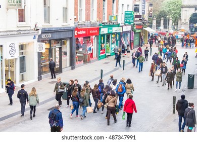 DUBLIN, IRELAND - 07 MAY, 2016: People walking on the Grafton Street. The main shopping street in the city is one of the most expensive in the world.
