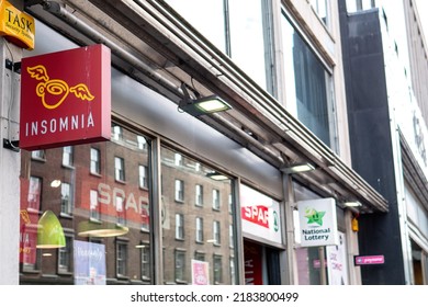 Dublin, Ireland - 07.22.2022: Insomnia Coffee In Spar Convenience Shop And Irish National Lottery Signs.