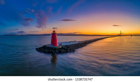  Dublin, Ireland 10-22-2019 Aerial Poolbeg Lighthouse In Dublin Bay Was Built In 1768 And Initially Operated On Candlepower