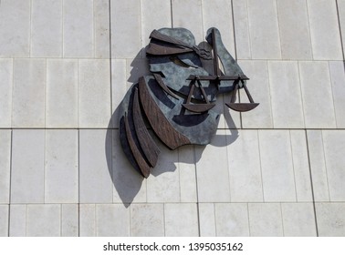 Dublin, Ireland, 10th May 2019. The Insignia For Lady Luck And The Scales Of Justice .on The Wall Of The Criminal Courts Of Justice In Parkgate Street Dublin.