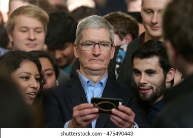 DUBLIN, IRELAND - 11/11/2015
Apple CEO, Tim Cook, takes selfies with members of the Trinity College Dublin Philosophical Society after he was presented with the Gold Medal of Honorary Patronage