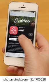 DUBLIN, IRELAND - 11/11/2016The app for the peer-to-peer online marketplace and homestay network, allowing short-term residential lettings, Airbnb, shown on an iPhone screen.