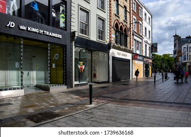 DUBLIN, IRELAND - 23 May 2020: Boarded Up And Vacant Shops On Grafton Street In Dublin City Centre