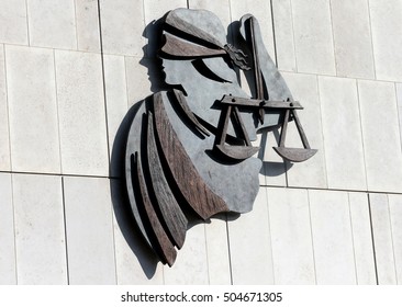 DUBLIN, IRELAND - 25/10/2016
The Scales Of Justice Sign Outside The Criminal Courts Of Justice In Dublin.