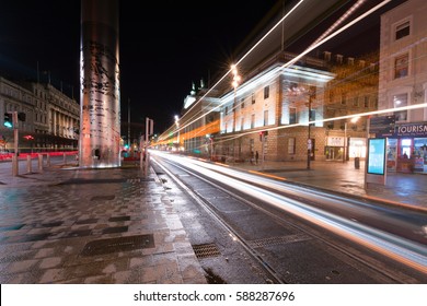 Dublin, Ireland - 26 Feb 2017: Light Trails In Dublin City Center At Night