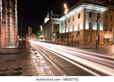 Dublin, Ireland - 26 Feb 2017: Light Trails In Dublin City Center At Night