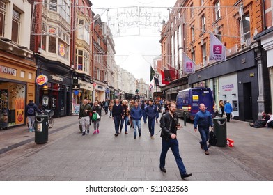 DUBLIN, IRELAND -29 OCT 2016- Grafton Street is a pedestrian thoroughfare and the main shopping street in central Dublin. It runs from College Green to Saint Stephens Green.