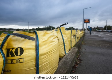 Dublin / Ireland - 3 October 2019 : Preparation For Storm Lorenzo. Bags Filled With Sand At The Sea Side Along Clontarf Road 