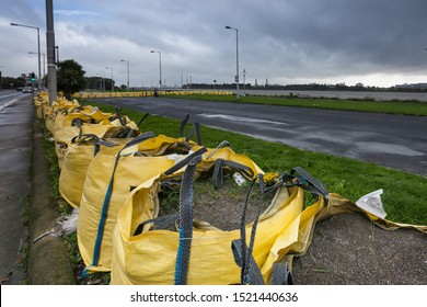 Dublin / Ireland - 3 October 2019 : Preparation For Storm Lorenzo. Bags Filled With Sand At The Sea Side Along Clontarf Road 