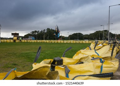 Dublin / Ireland - 3 October 2019 : Preparation For Storm Lorenzo. Bags Filled With Sand At The Sea Side Along Clontarf Road 