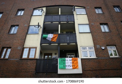 Dublin, Ireland - April 19, 2020: A 'You'll Never Beat The Irish' Flag Hanging From A Balcony In The North Inner City During Covid-19 Restrictions.