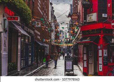 DUBLIN, IRELAND- April 25th, 2018: Detail Of The Historical Dame Lane In Dublin City Centre With Its Famous Traditional Irish Pubs