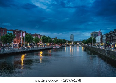 Dublin, Ireland, August 2019 Dublin Nightlife. Night Photography Of OConnell Bridge And Eden Quay Illuminated By City Lights