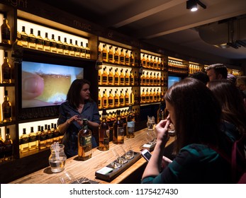 DUBLIN, IRELAND - AUGUST 22, 2018: The Dublin Whiskey Museum Explains History Of Irish Whiskey And Invites To Taste A Few Of Them