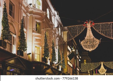 DUBLIN, IRELAND - December 20th, 2017: Christmas lights adorning he city center and Grafton Street