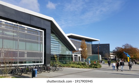 Dublin, Ireland - Feb 2021: Building View And Student At The Campus Of University College Dublin (UCD). Europe's Leading Research-intensive Universities. 