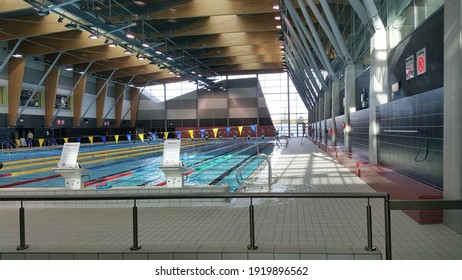 Dublin, Ireland - Feb 2021: Selective Focus View Of The UV Treated 50-metre Olympic Indoor Swimming Pool At The Student Centre Of University College Dublin (UCD).