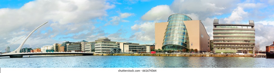 DUBLIN, IRELAND - FEBRUARY 1, 2017: Panoramic image of Convention Centre Dublin (CCD) and Samuel Beckett Bridge over the river Liffey in refurbished docklands area known as Grand Canal Harbor. 