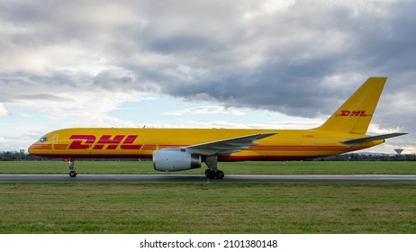 Dublin, Ireland - February 2021: DHL, Boeing 757, taxing at Dublin airport. 