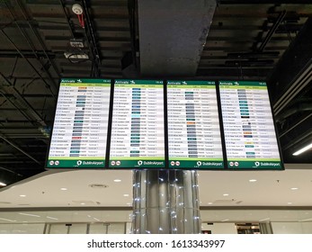 DUBLIN, IRELAND - JANUARY 11, 2020: Closeup View Of International Arrivals Board In Dublin Airport, Terminal 1. Arrivals Gate In The Background.