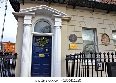 Dublin, Ireland - January 5, 2020: The Oscar Wilde house entrance door in Merrion Square