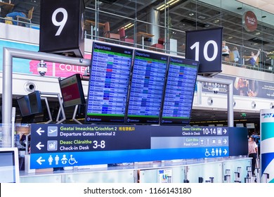 DUBLIN, IRELAND - JULY 14, 2018: Airport Departures Board In Dublin International Airport.