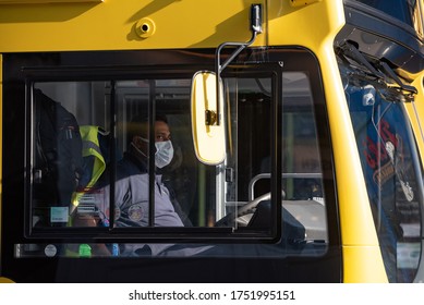 Dublin, Ireland - June 08 2020: Dublin Bus Driver Wearing Protective Face Mask During Covid 19 Lockdown