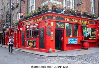 Dublin, Ireland - June 1, 2022: Temple Bar area in Dublin, Ireland, a popular historic quarter of Dublin with pubs, restaurants and music venues