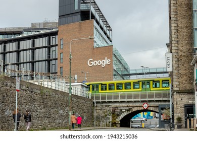 Dublin, Ireland - March 15 2021: Google Office At One Grand Canal Quay Where The Dart Light Rail System Passes By