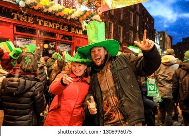 Dublin, Ireland - March 17, 2018: Happy People On The Temple Bar Street