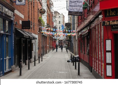 Dublin / Ireland - March 2020 : Almost Empty Streets Of Temple Bar District In Dublin During The Coronavirus Outbreak. 