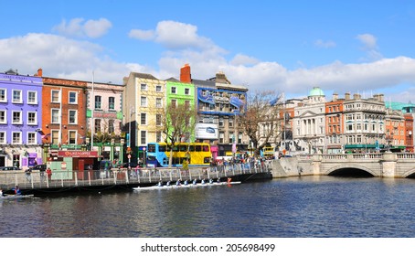 DUBLIN, IRELAND - MARCH 29, 2013: View Of Dublin Quays Along The River Liffey.