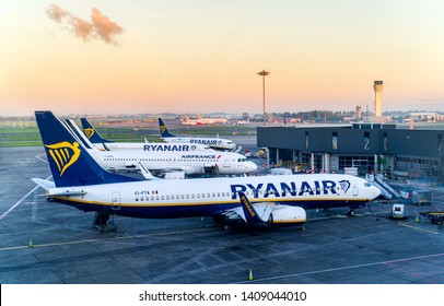 Dublin, Ireland, May 2019 Dublin Airport Terminal 1, Multiple Airplanes Are Being Prepared On Airfield For Flights, Sunrise