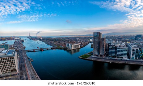 Dublin  Ireland - May 2020 : Aerial view of Dublin dockland district with the Capital Dock apartment block in the centre
