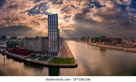 Dublin  Ireland - May 2020 : Aerial View Of Dublin Dockland District With The Capital Dock Apartment Block In The Centre Dublin City View Over Liffey River .Samuel Beckt And Sean O' Casey Bridge