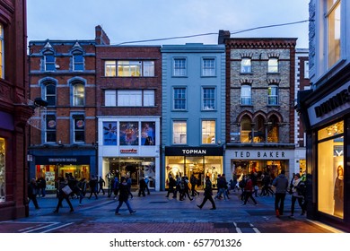 DUBLIN, IRELAND - November 17th, 2016: Detail of busy Grafton Street shopping hub in Dublin city centre