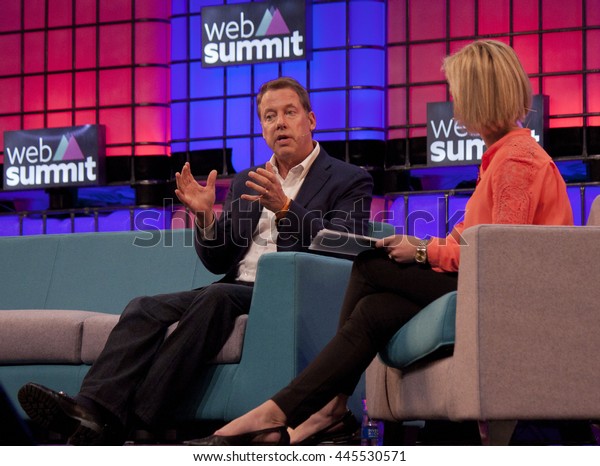 DUBLIN,\
IRELAND - NOVEMBER 2015: Executive Chairman of Ford Car\
Manufacturers, Bill Ford, speaks with Carolyn Hyde of Bloomberg at\
the Web Summit in the Royal Dublin\
Society.