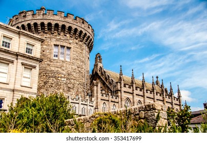 Dublin,  Ireland. Panoramic view of a strong tower of the Dublin castle, in Dublin, Ireland.