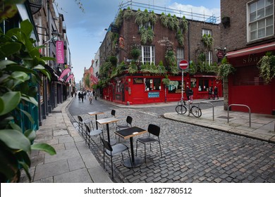 Dublin / Ireland - Sept 2020: Arranged outdoor seatings for restaurant and coffee shops customers. To ensure a social distancing first time in history Dublin city allows outdoor tables on large scales