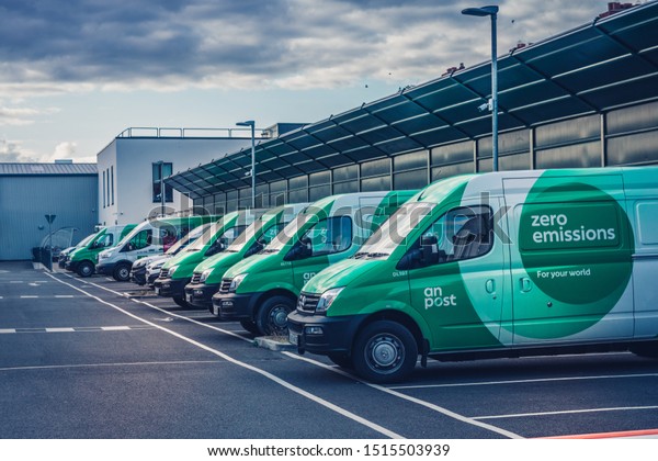 Dublin, Ireland, September 7-2019.Irish post
office vans in the parking lot in
Dublin.